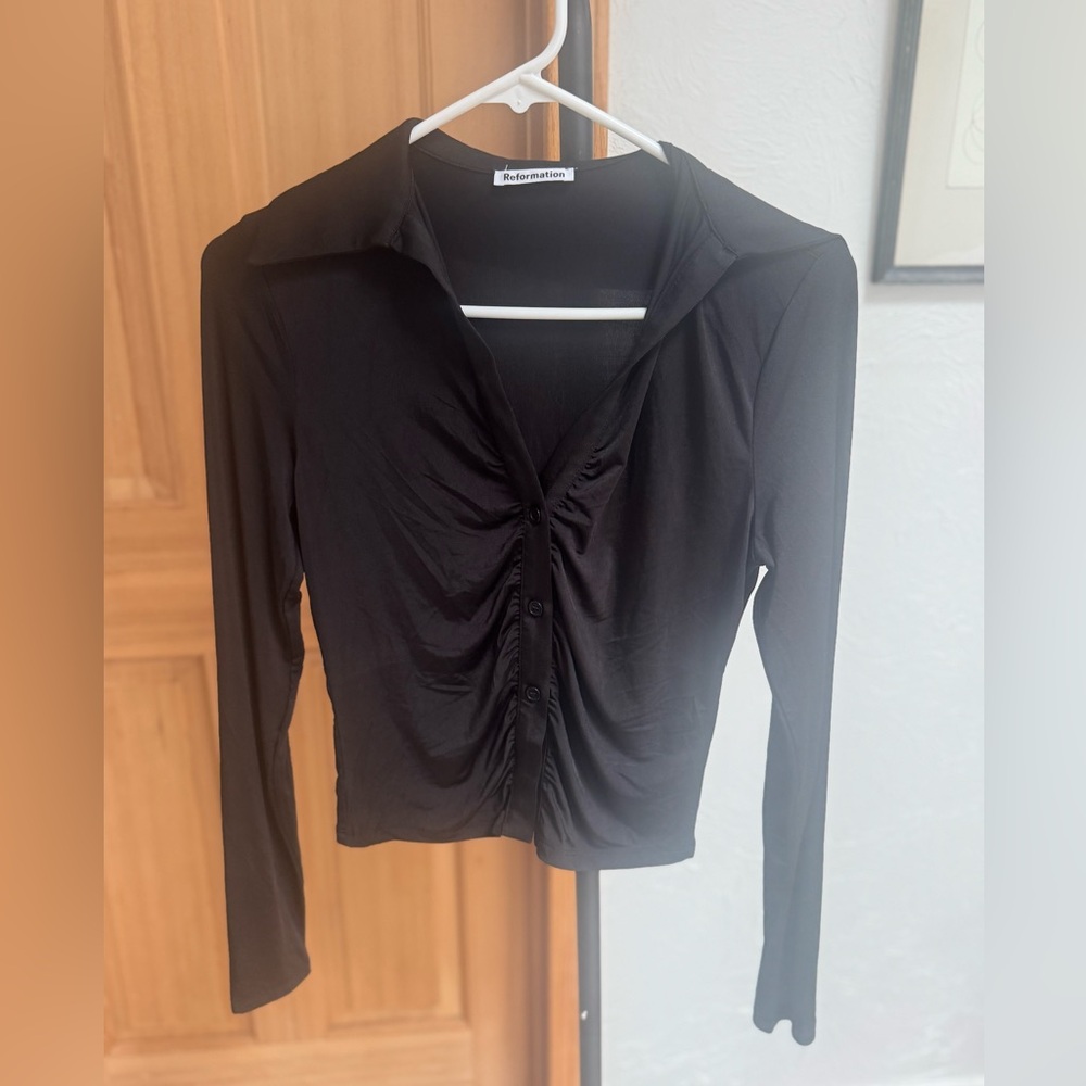 Reformation Black Ruched Button Up Top - Picture 2 of 8